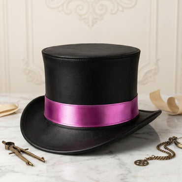 Black Leather Top Hat with Pink Satin Band – Steampunk Gothic Cosplay Festival Headwear
