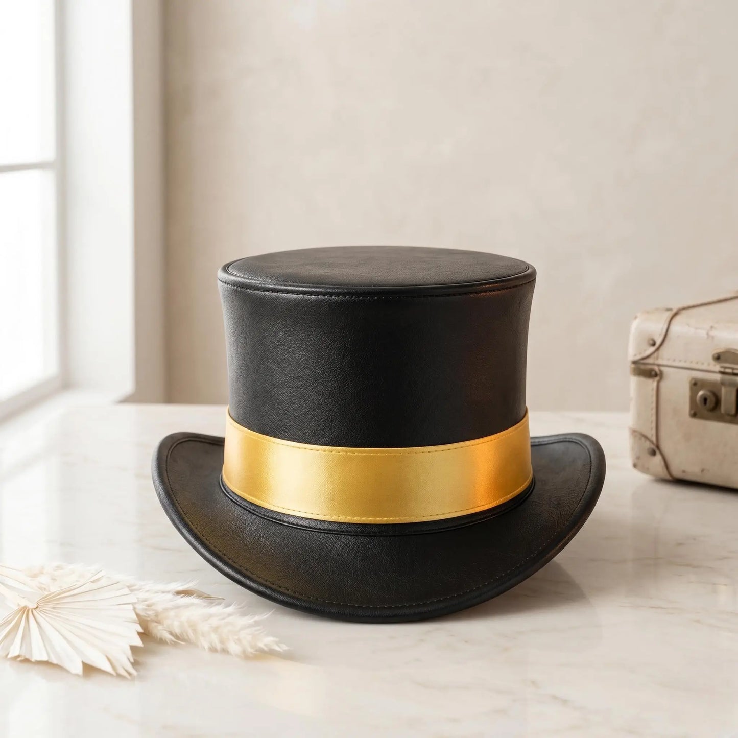 The Zenith Steampunk Black Leather Top Hat with Gold Band