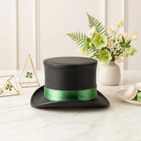 Black Leather Top Hat with Vibrant Green Ribbon Bank Festival Fashion Accessory