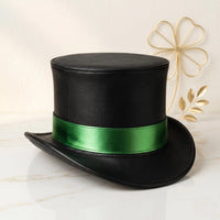 Black Leather Top Hat with Vibrant Green Ribbon Bank Festival Fashion Accessory