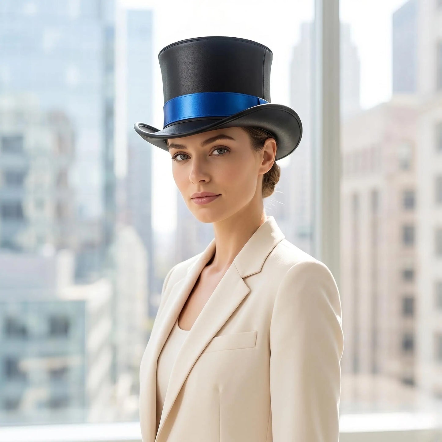 Command the Room Black Leather Top Hat with Metallic Blue Band