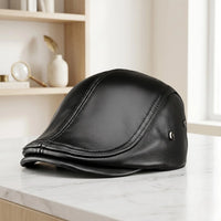 Men's Black Leather Flat Cap – Handmade Vintage Ivy Newsboy Driving Hat