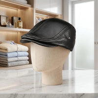 Men's Black Leather Flat Cap – Handmade Vintage Ivy Newsboy Driving Hat