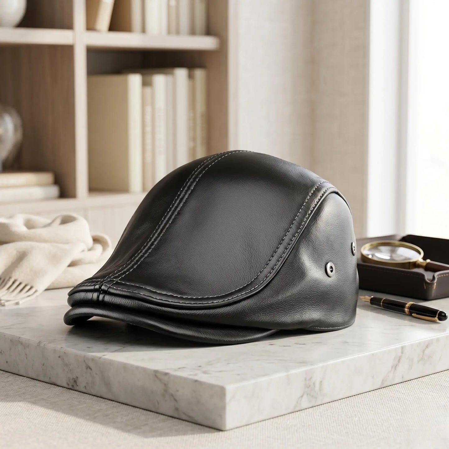Men's Black Leather Flat Cap – Handmade Vintage Ivy Newsboy Driving Hat