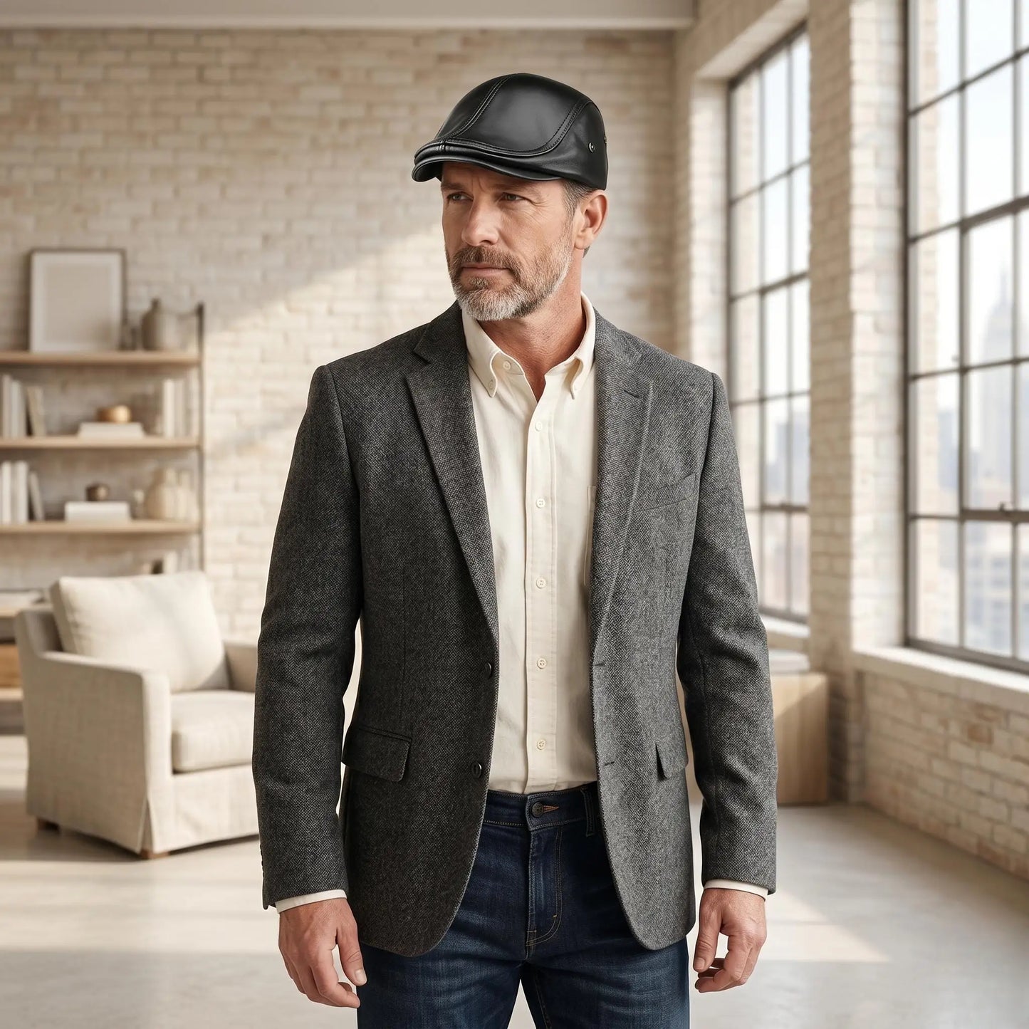 Men's Black Leather Flat Cap – Handmade Vintage Ivy Newsboy Driving Hat