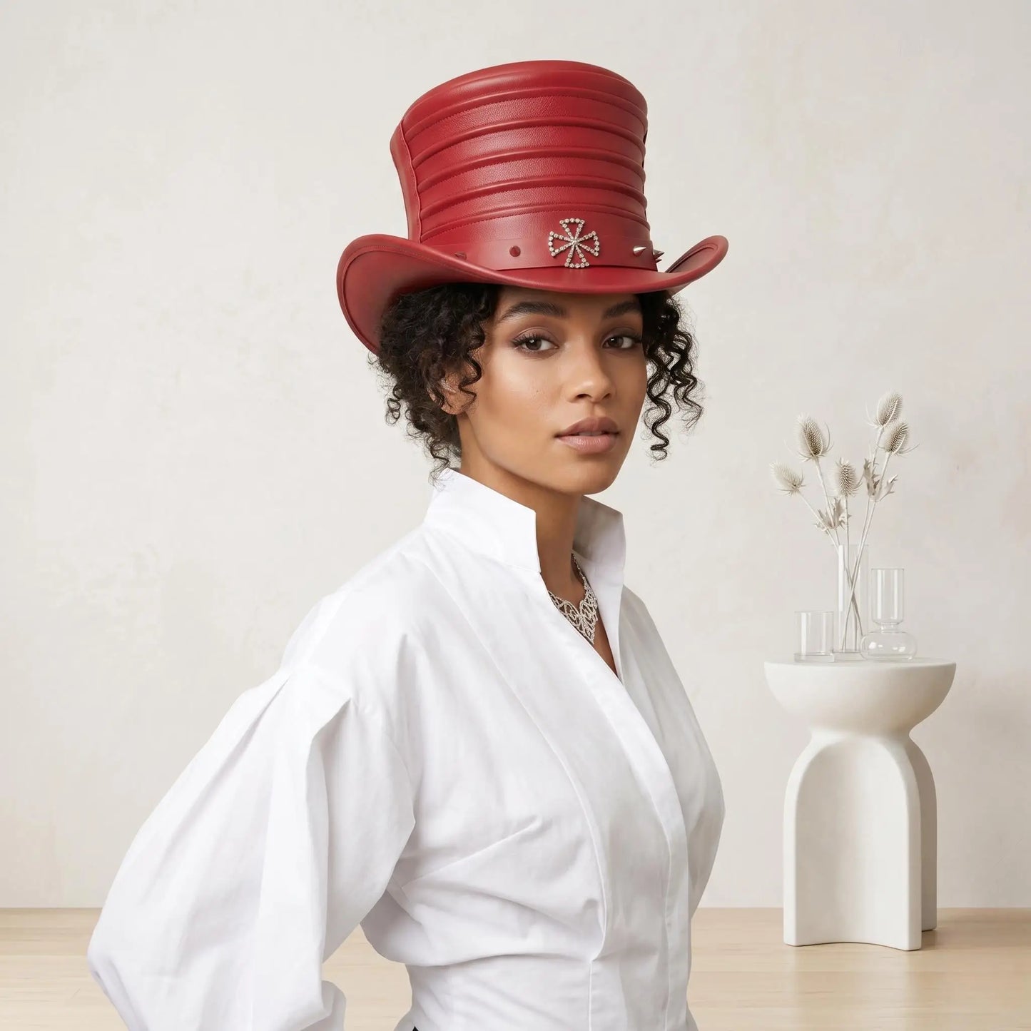 Red Leather Steampunk Top Hat | Gothic, Victorian & Festival Statement Headwear