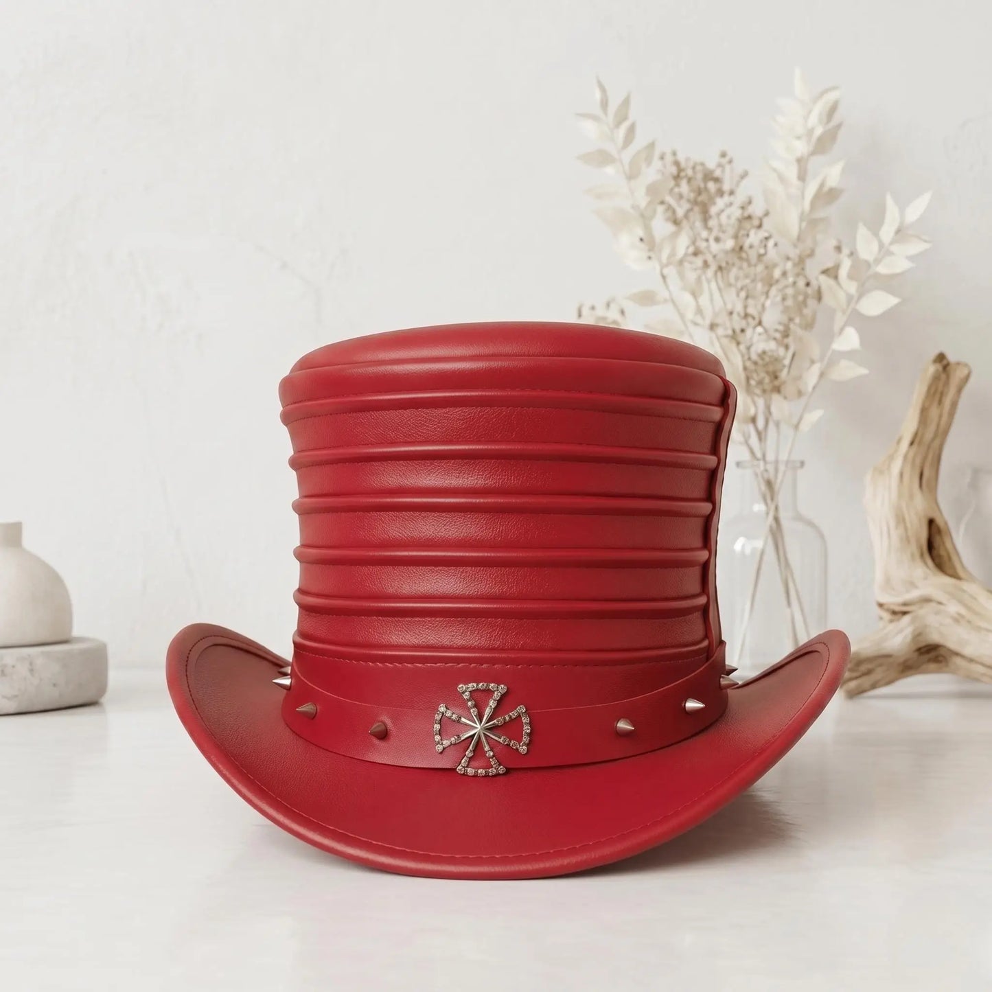 Red Leather Steampunk Top Hat | Gothic, Victorian & Festival Statement Headwear
