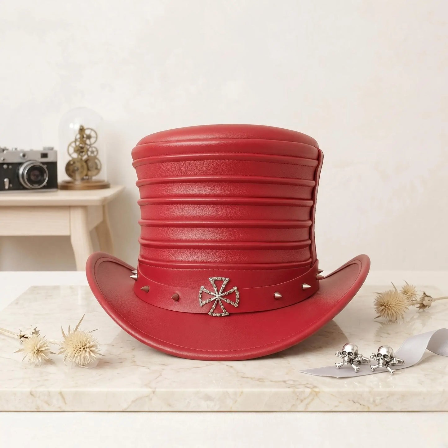 Red Leather Steampunk Top Hat | Gothic, Victorian & Festival Statement Headwear