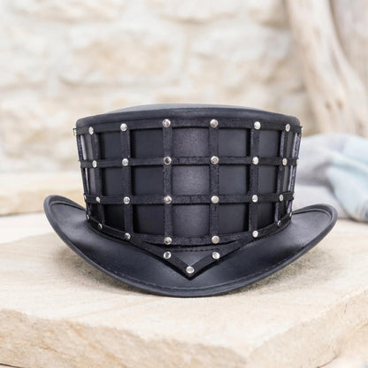 Handmade Black Leather Steampunk Top Hat | Gothic Victorian Cosplay