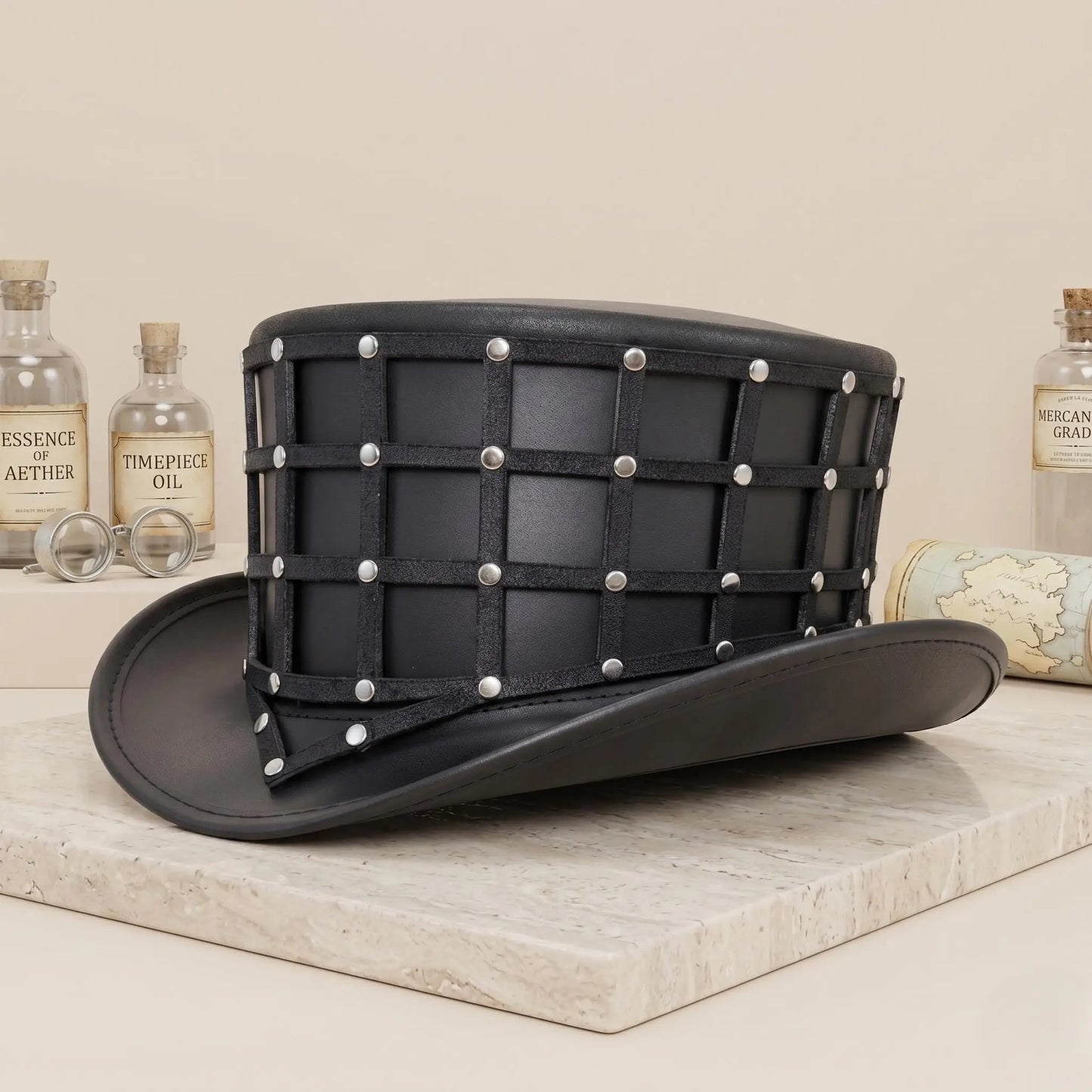 Handmade Black Leather Steampunk Top Hat | Gothic Victorian Cosplay