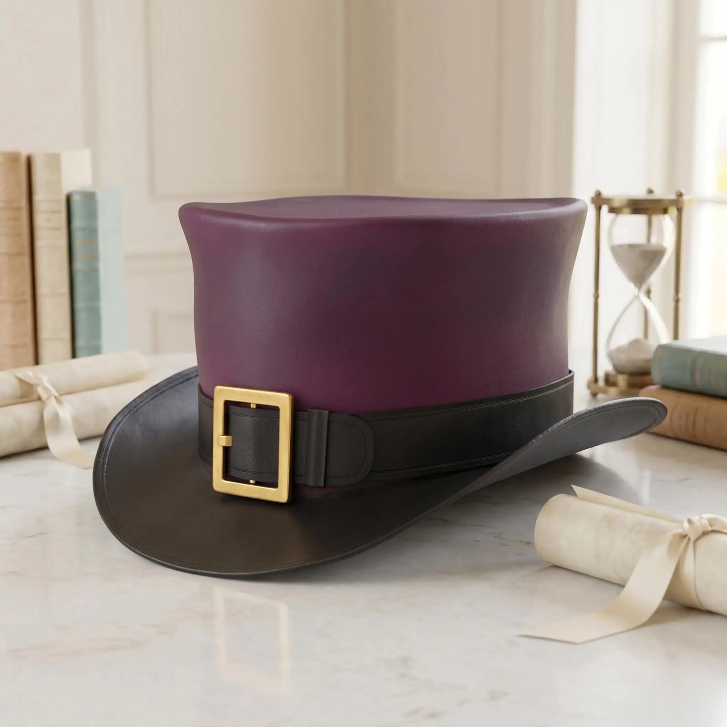 Vintage Burgundy Leather Top Hat – Steampunk & Regal Gothic Headwear