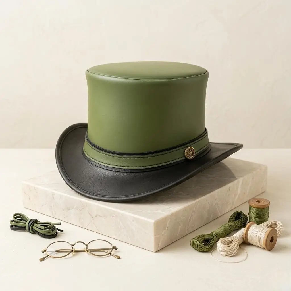 Handmade Green & Black Leather Steampunk Top Hat