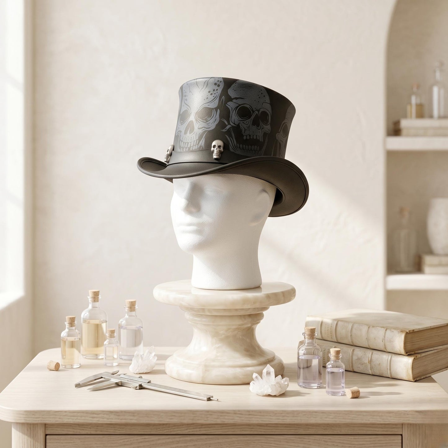 Dark Vintage Leather Skull Top Hat – Gothic Steampunk Headwear
