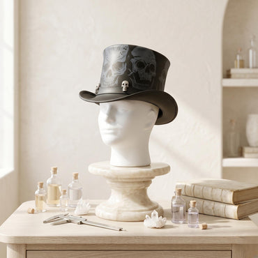 Dark Vintage Leather Skull Top Hat – Gothic Steampunk Headwear