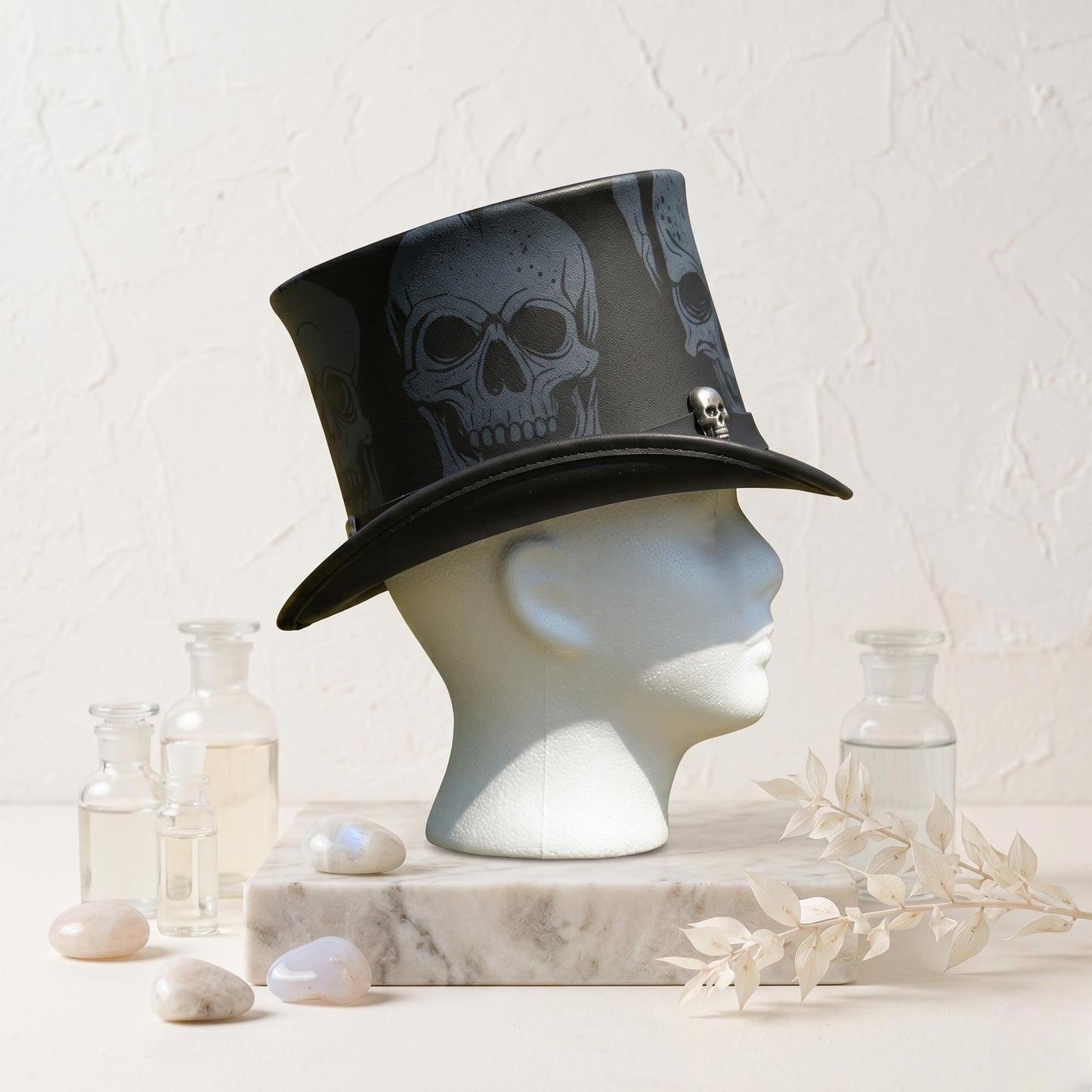 Dark Vintage Leather Skull Top Hat – Gothic Steampunk Headwear