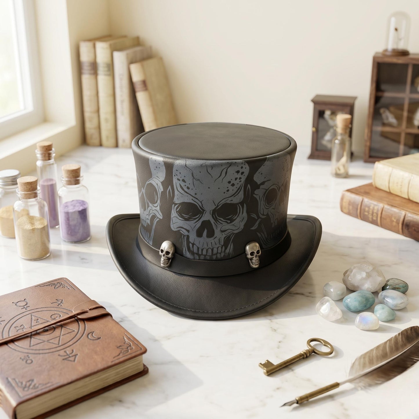 Dark Vintage Leather Skull Top Hat – Gothic Steampunk Headwear