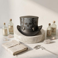 Dark Vintage Leather Skull Top Hat – Gothic Steampunk Headwear