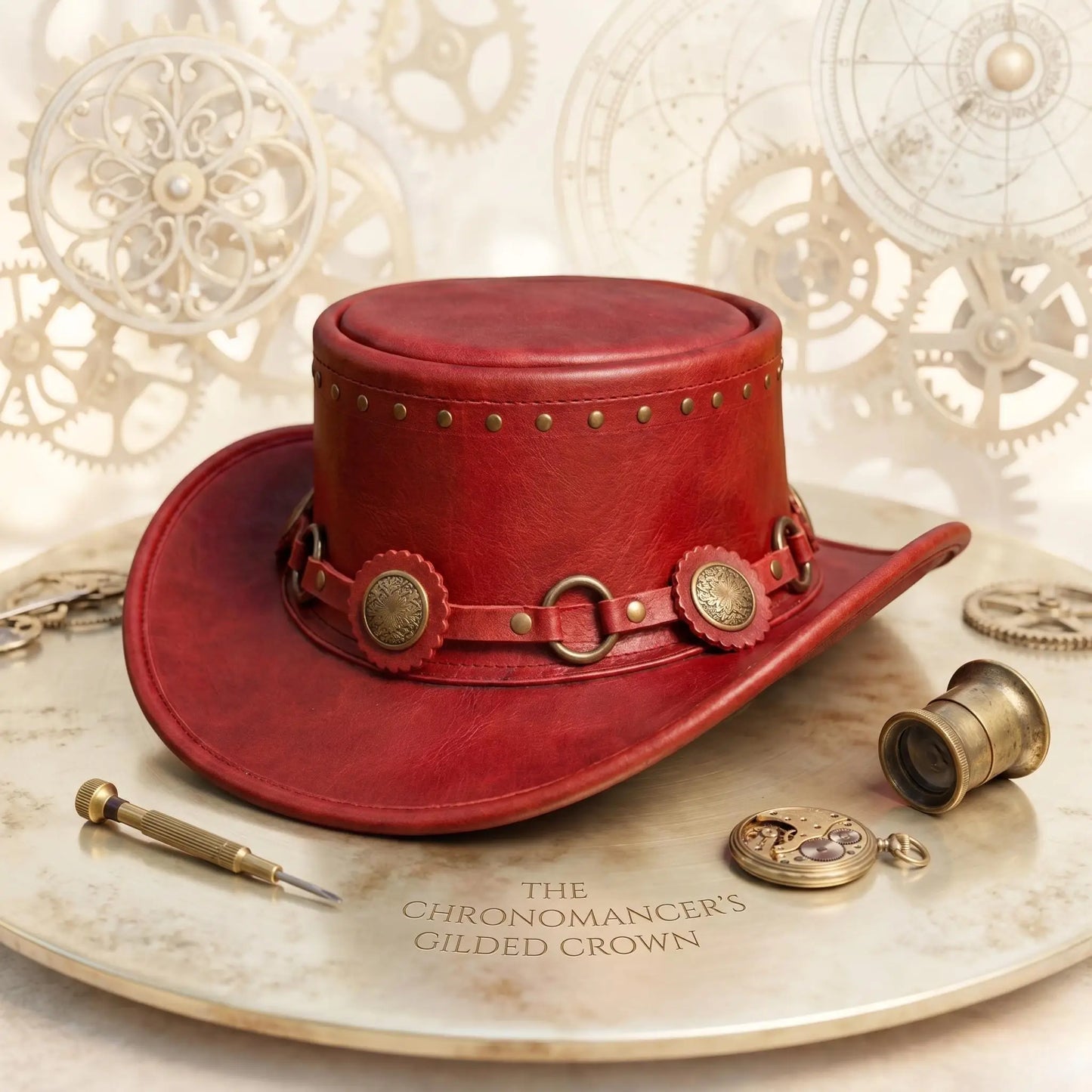 Handmade Red Leather Top Hat – Steampunk & Western Statement Headwear