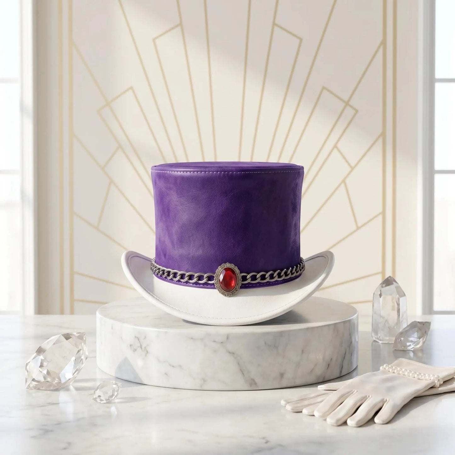 Purple & White Leather Steampunk Top Hat | Victorian Gothic Cosplay Accessory