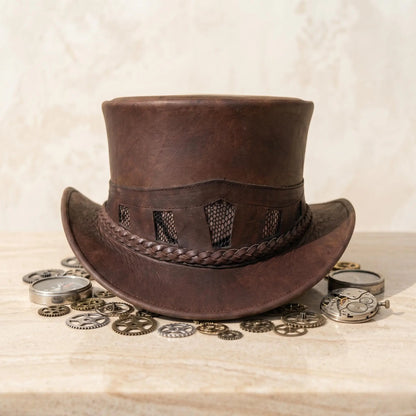 Brown Leather Steampunk Top Hat – Victorian Gothic Cosplay & Festival Wear