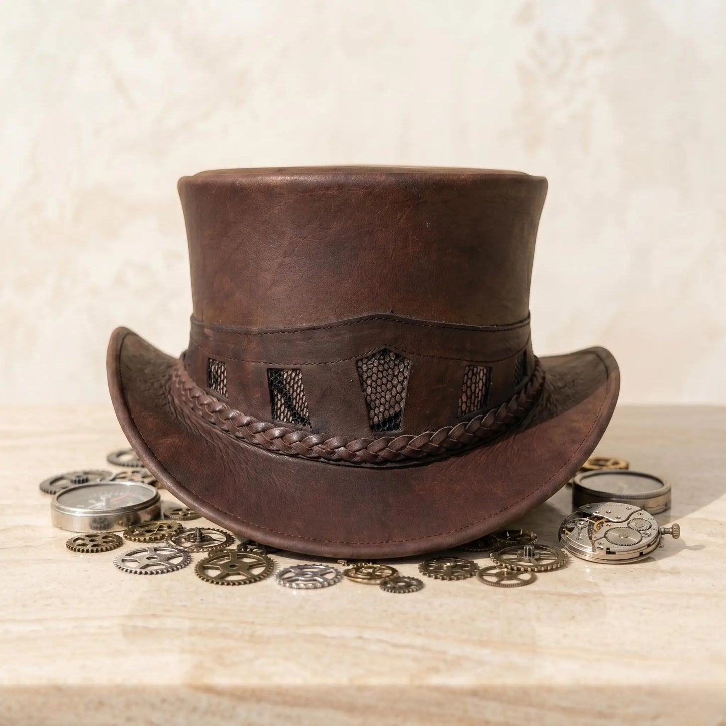 Brown Leather Steampunk Top Hat – Victorian Gothic Cosplay & Festival Wear