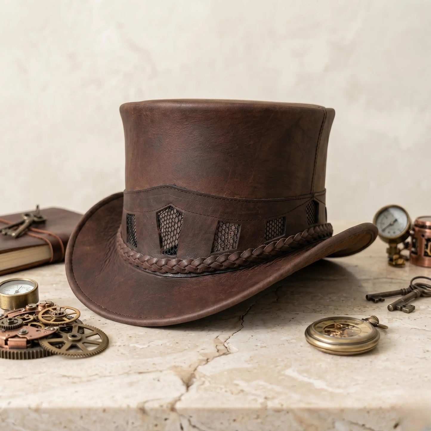 Brown Leather Steampunk Top Hat – Victorian Gothic Cosplay & Festival Wear