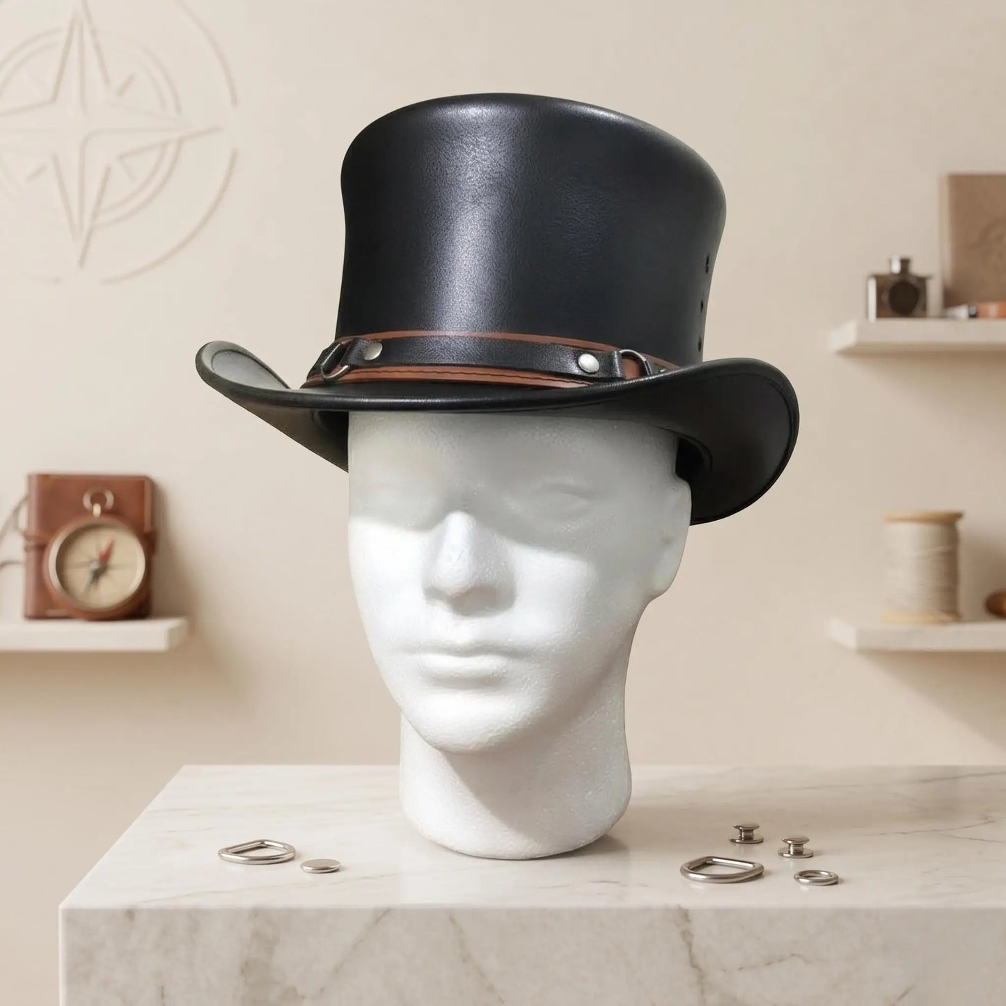 Handmade Black Leather Top Hat | Steampunk, Gothic & Victorian Festival Accessory