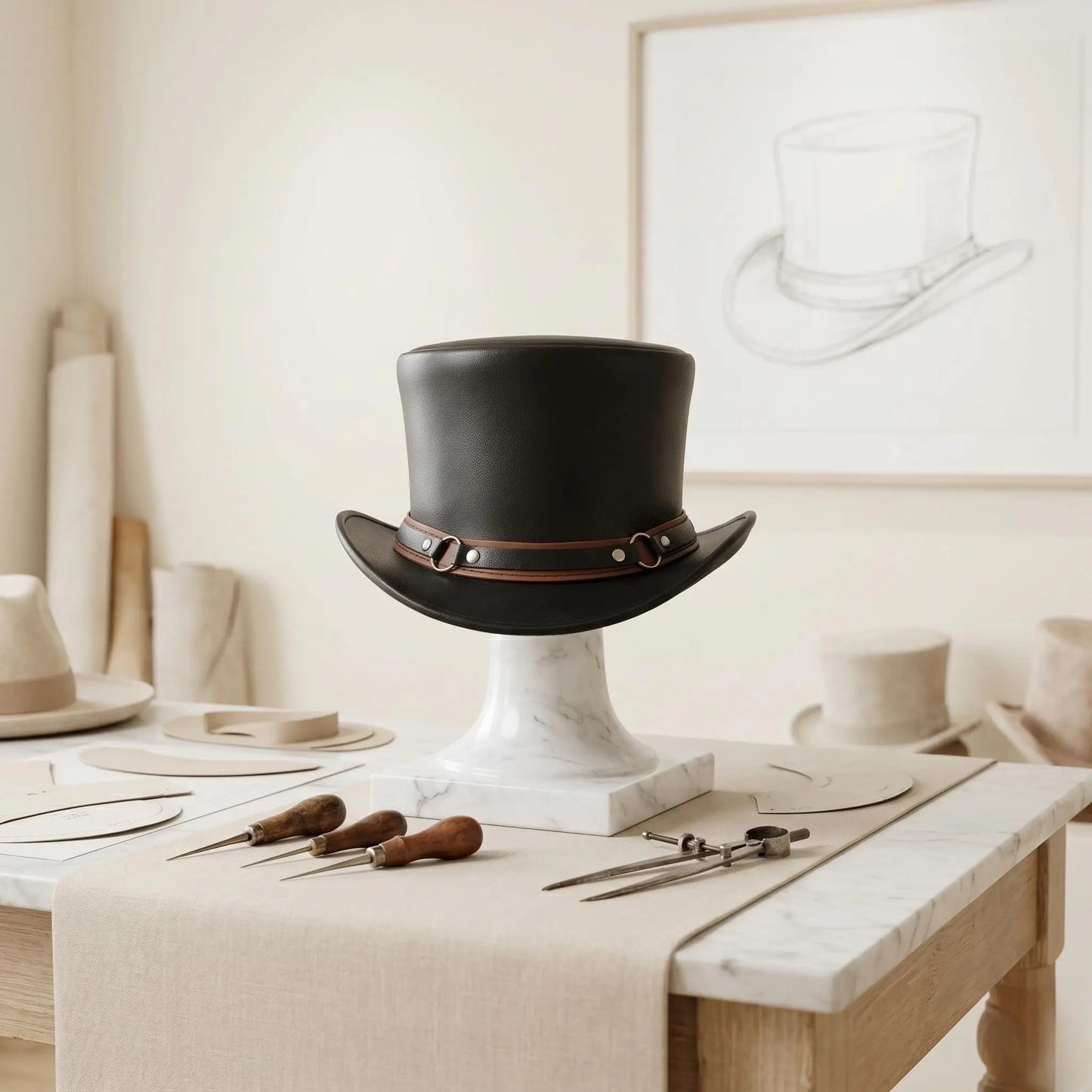 Handmade Black Leather Top Hat | Steampunk, Gothic & Victorian Festival Accessory