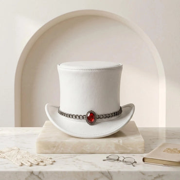 Handmade White Leather Top Hat – Victorian Gothic Wedding & Cosplay Statement Piece