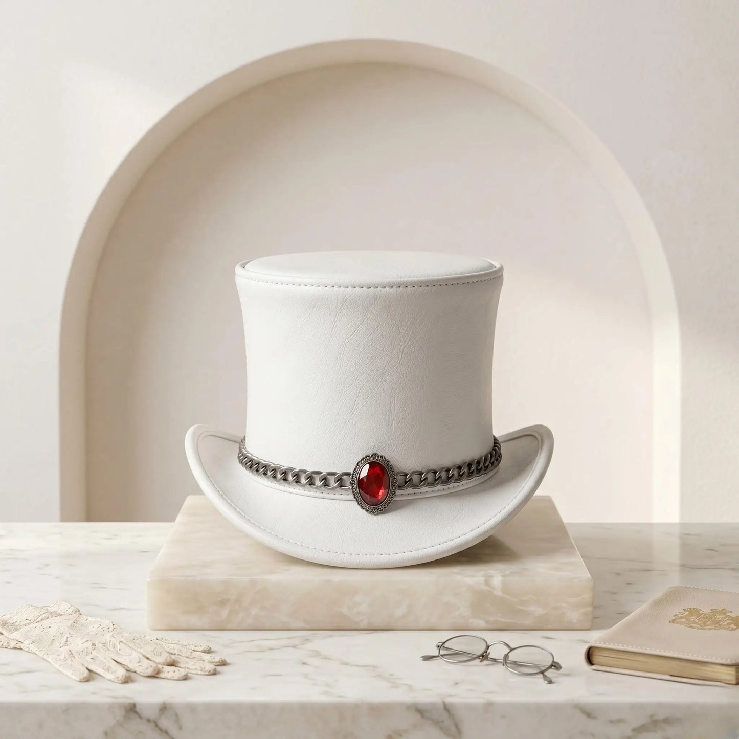 Handmade White Leather Top Hat – Victorian Gothic Wedding & Cosplay Statement Piece