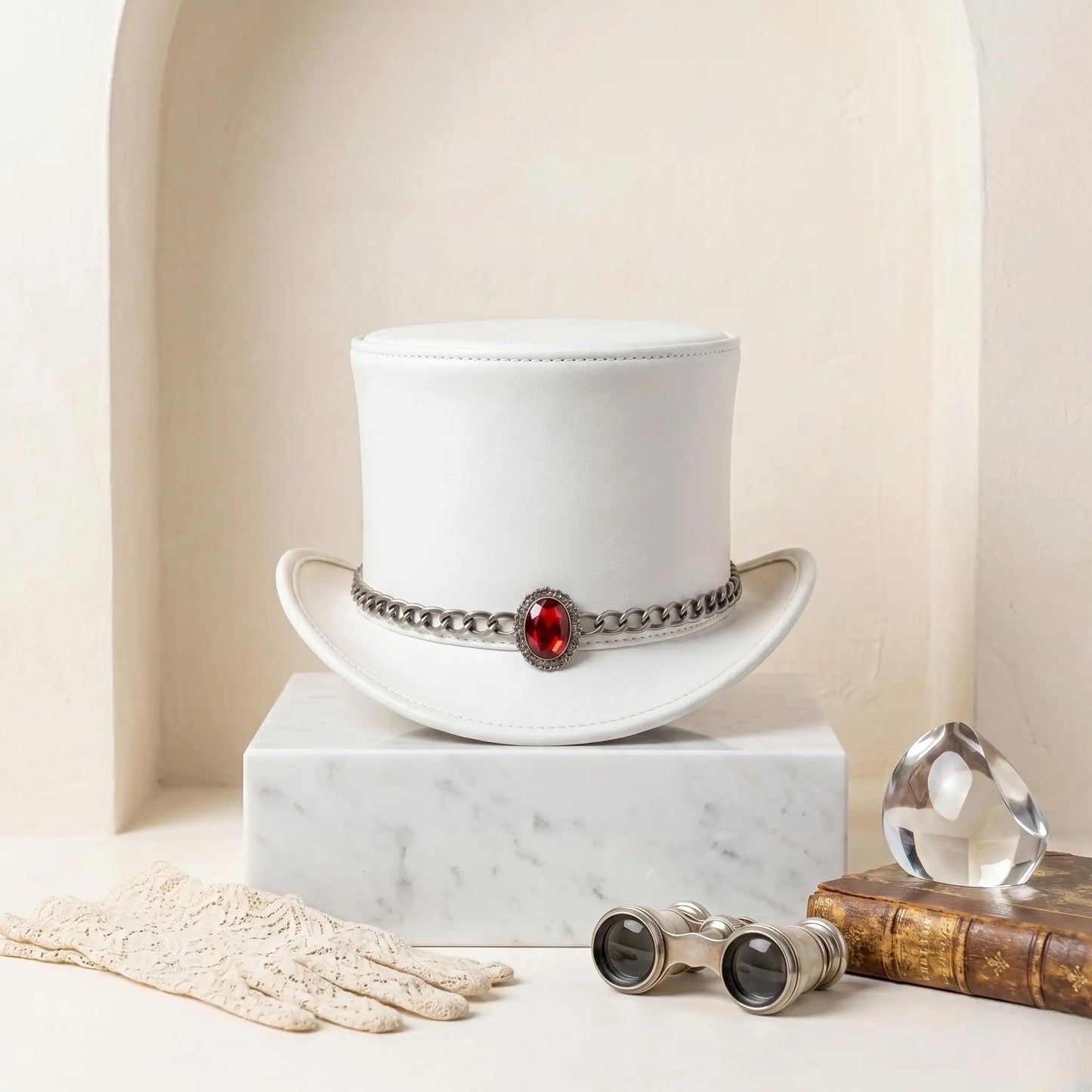 Handmade White Leather Top Hat – Victorian Gothic Wedding & Cosplay Statement Piece
