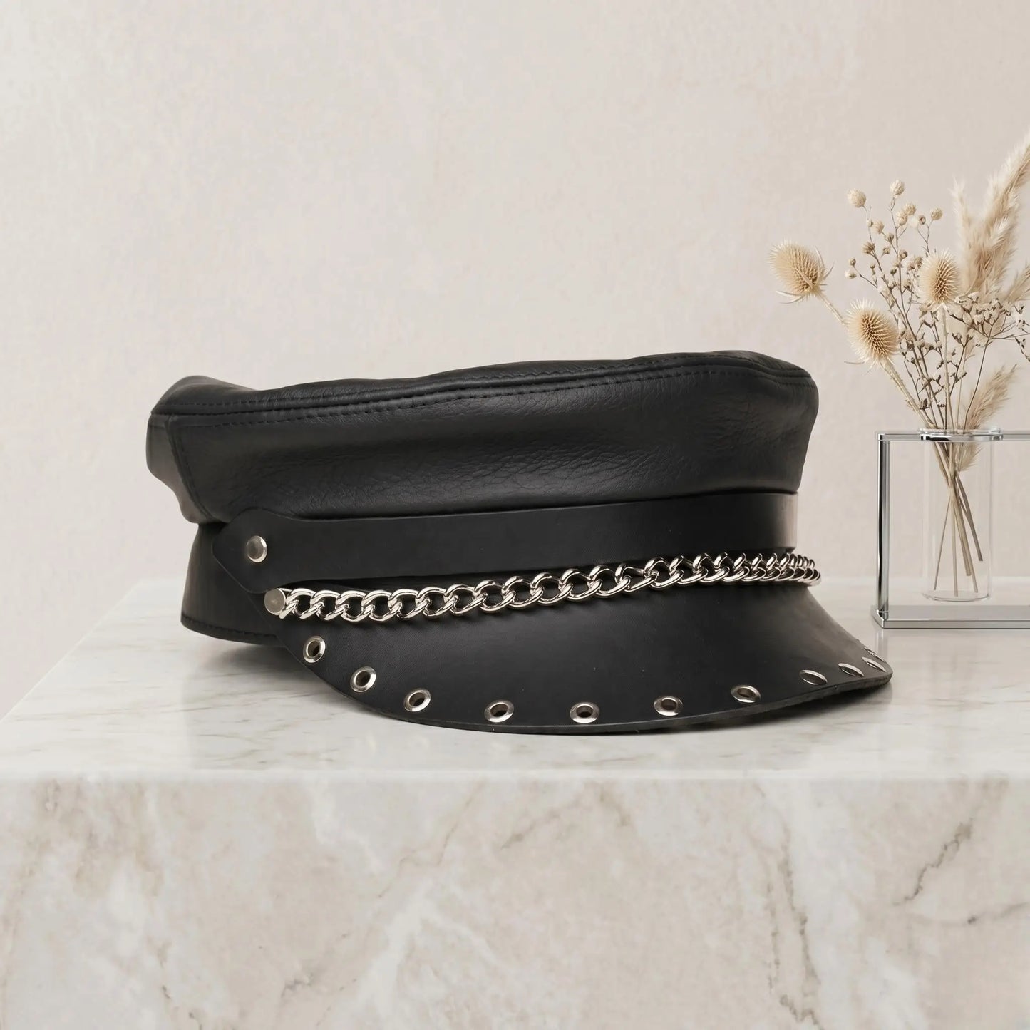 Alternative Edge Unisex Black Leather Biker Chain Cap