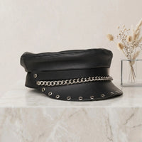 Alternative Edge Unisex Black Leather Biker Chain Cap