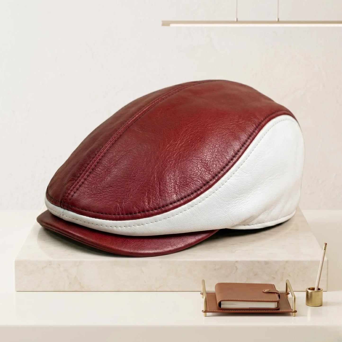 Handmade Men's Red & White Leather Flat Cap – Vintage Ivy Newsboy Driving Hat