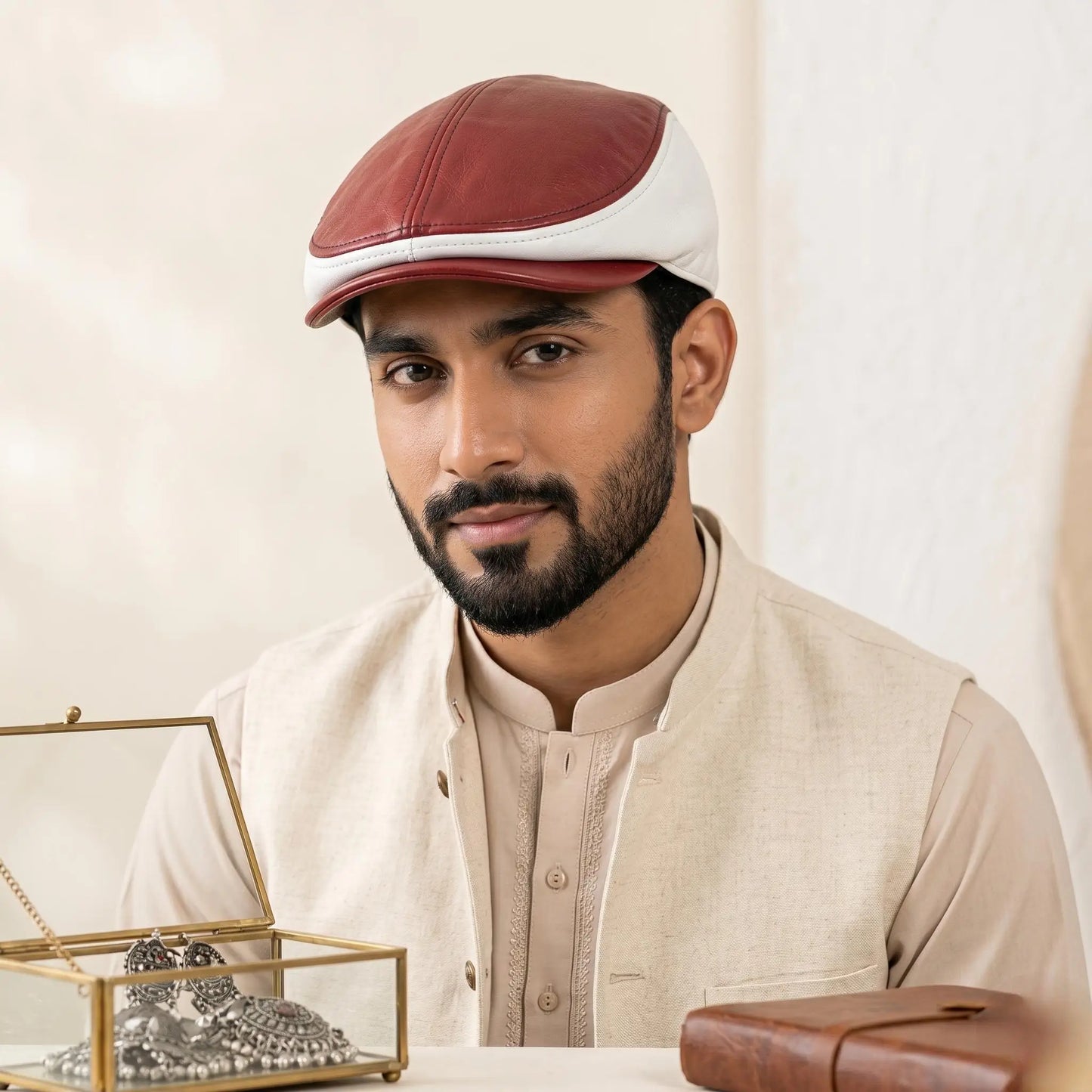 Handmade Men's Red & White Leather Flat Cap – Vintage Ivy Newsboy Driving Hat
