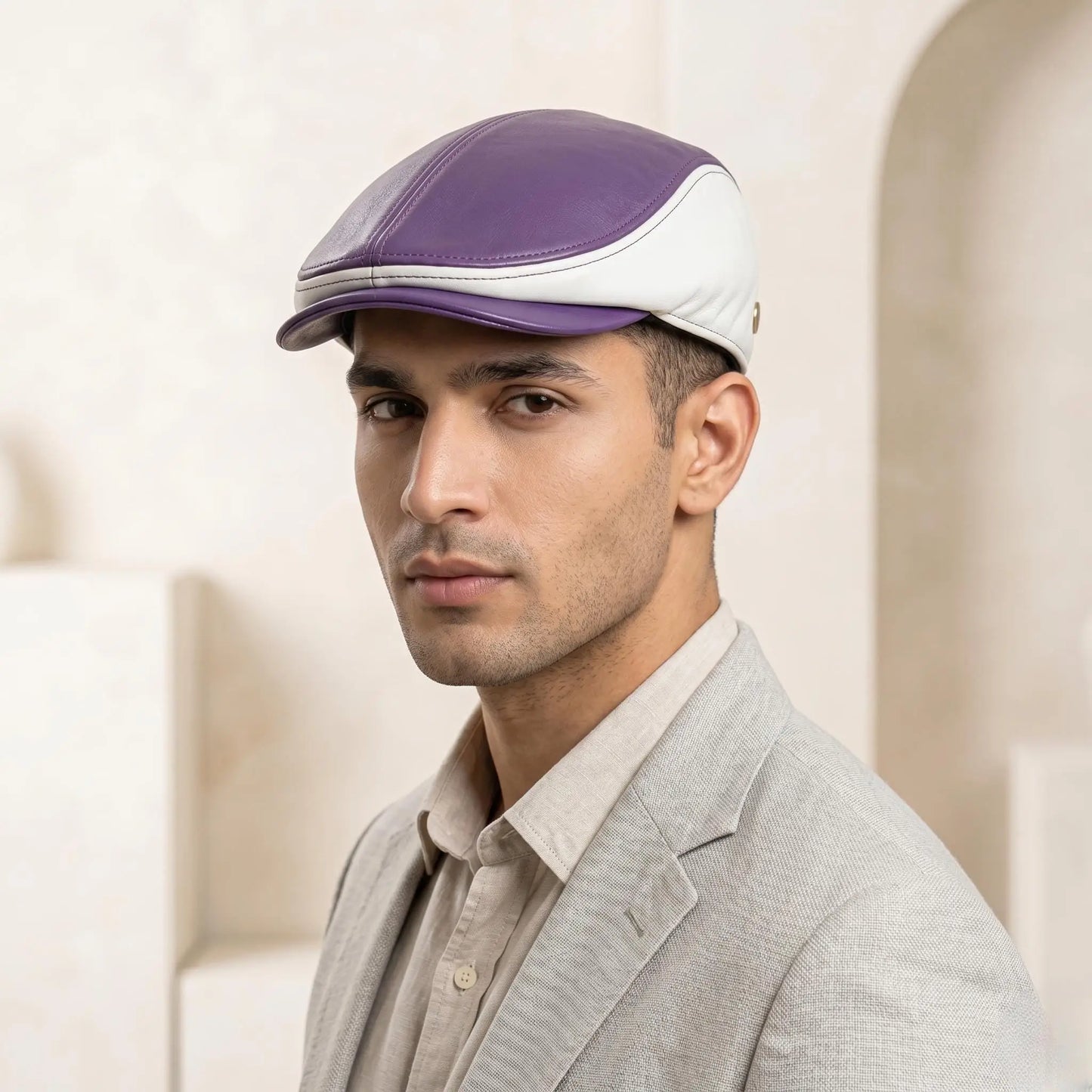 Two-Tone Purple & White Genuine Leather Flat Cap | Vintage Ivy Driving Hat