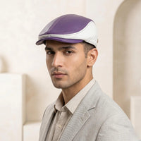 Two-Tone Purple & White Genuine Leather Flat Cap | Vintage Ivy Driving Hat