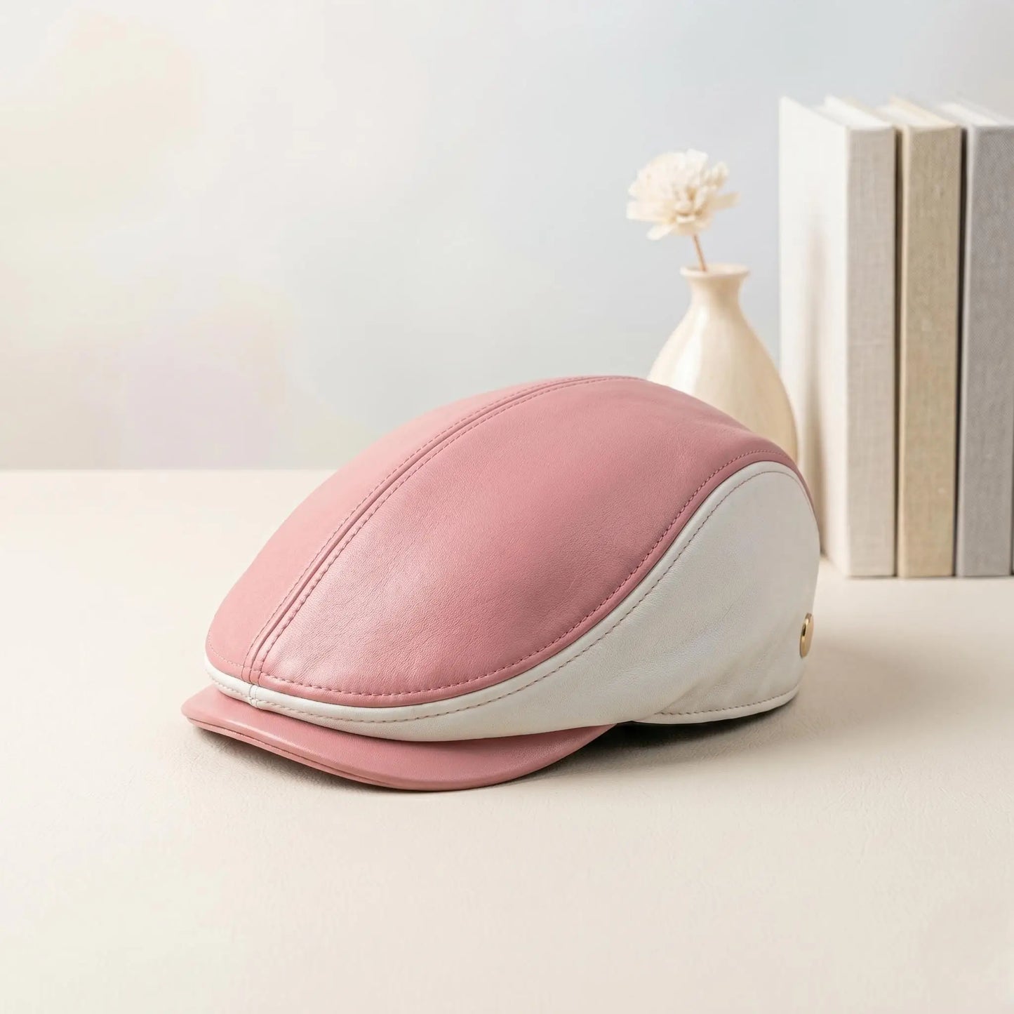 Women’s Pink & White Leather Flat Cap | Vintage Ivy Style Newsboy Hat