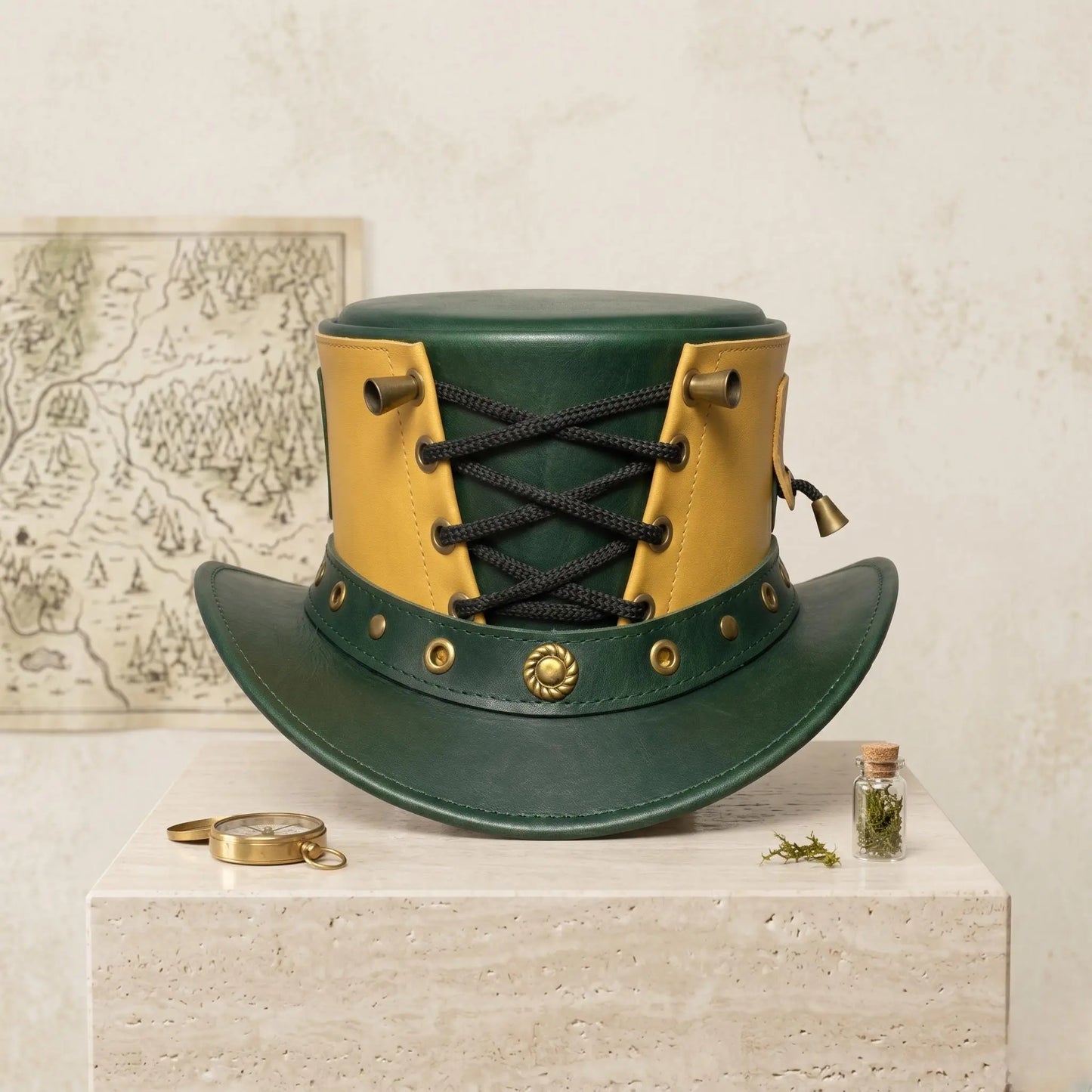Handmade Green Leather Steampunk Top Hat | Victorian Gothic Festival Headwear