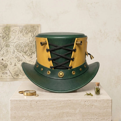 Handmade Green Leather Steampunk Top Hat | Victorian Gothic Festival Headwear