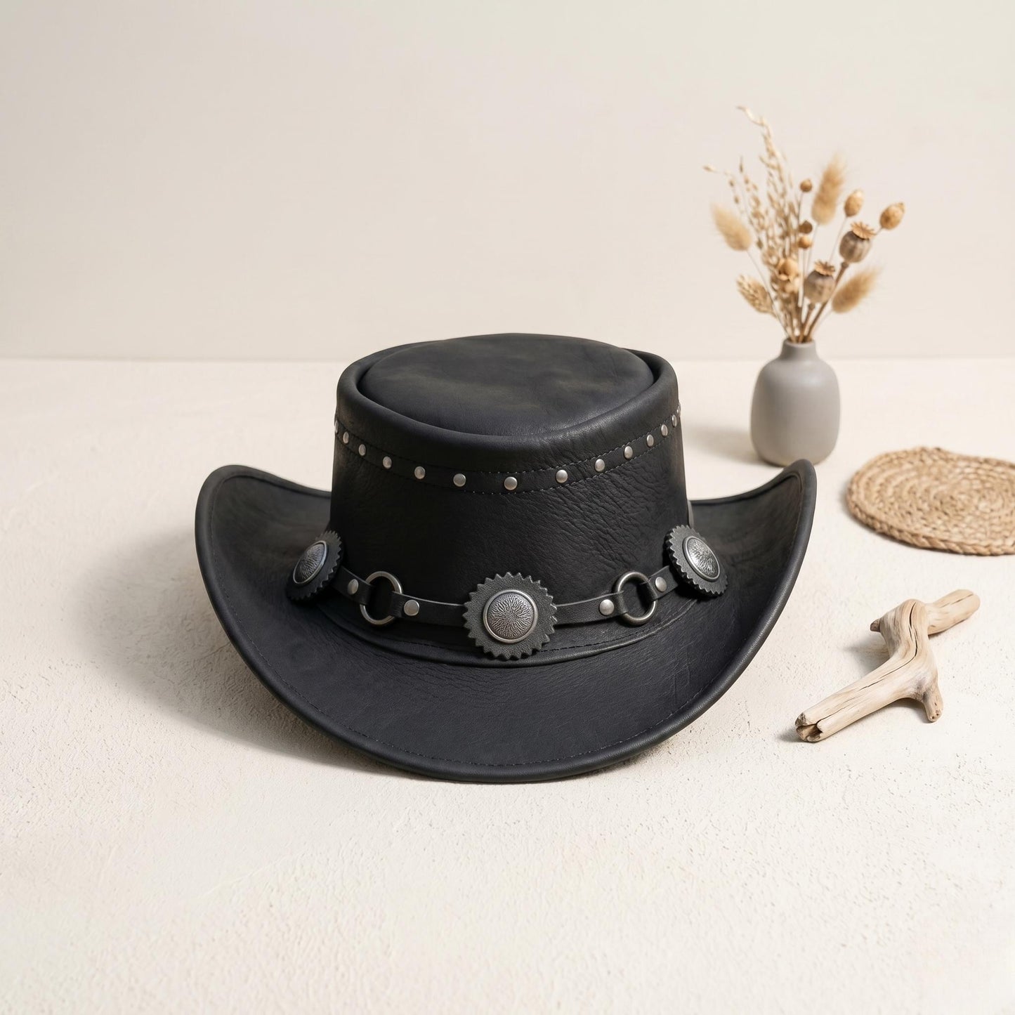 Black Leather Cowboy Hat with Concho Band – Western Biker Festival Wear