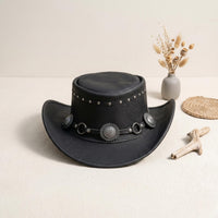 Black Leather Cowboy Hat with Concho Band – Western Biker Festival Wear