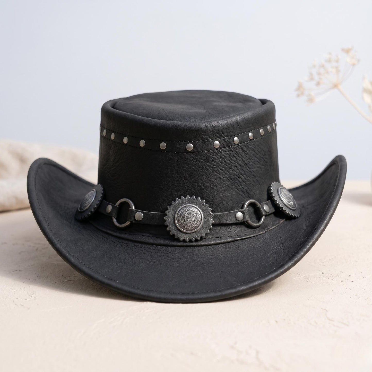 Black Leather Cowboy Hat with Concho Band – Western Biker Festival Wear