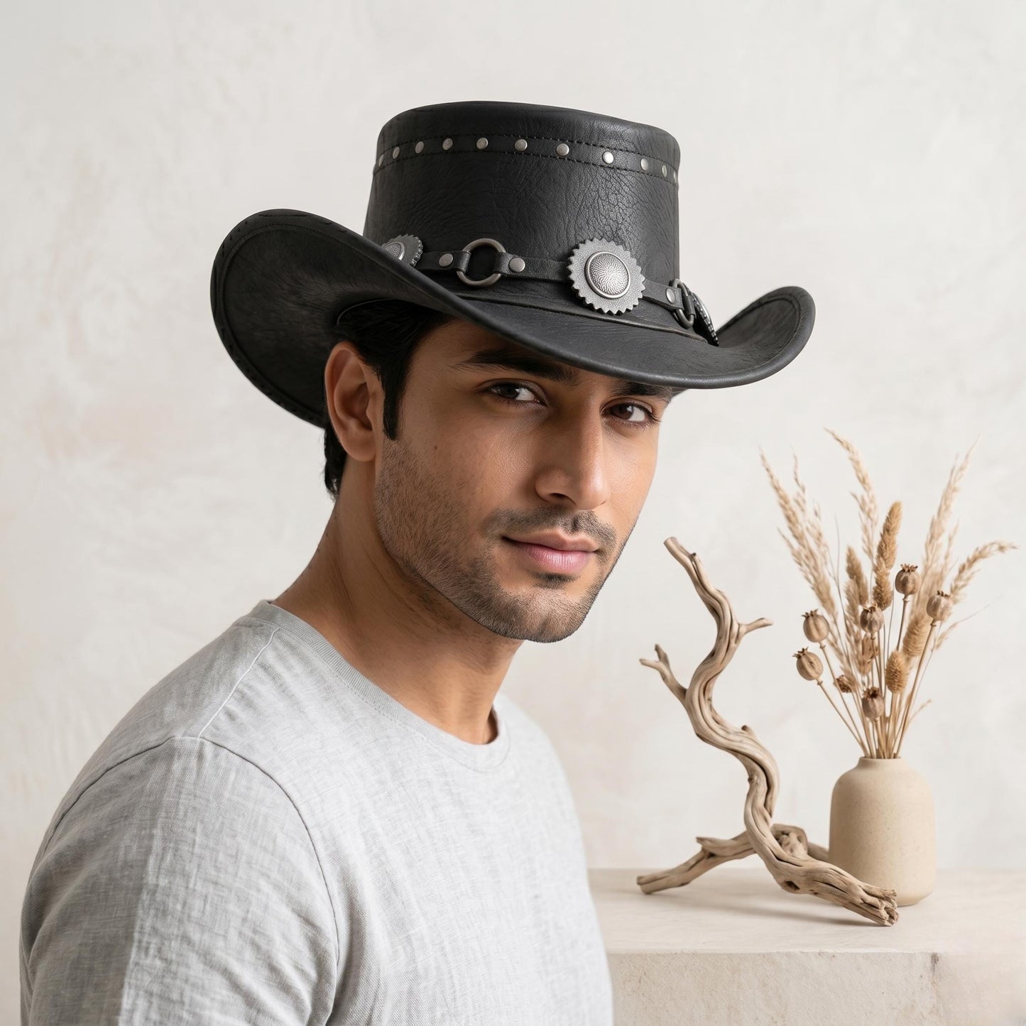 Black Leather Cowboy Hat with Concho Band – Western Biker Festival Wear