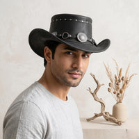 Black Leather Cowboy Hat with Concho Band – Western Biker Festival Wear