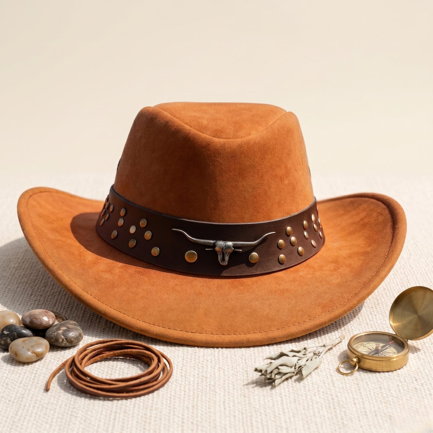 Brown Suede Cowboy Hat with Studded Longhorn Band – Classic Western Rodeo Style