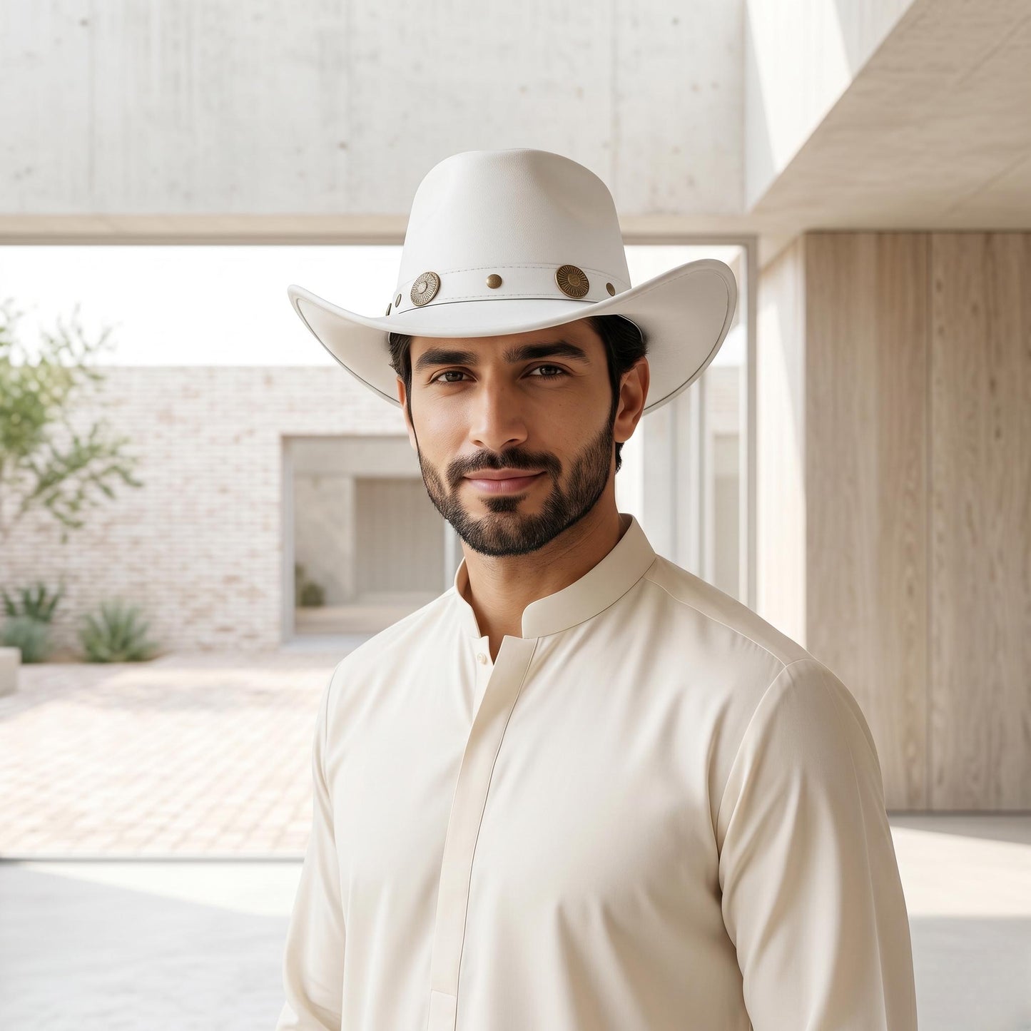 White Leather Cowboy Hat with Vintage Concho Band – Festival & Western Fashion Headwear