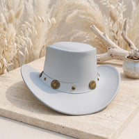 White Leather Cowboy Hat with Vintage Concho Band – Festival & Western Fashion Headwear