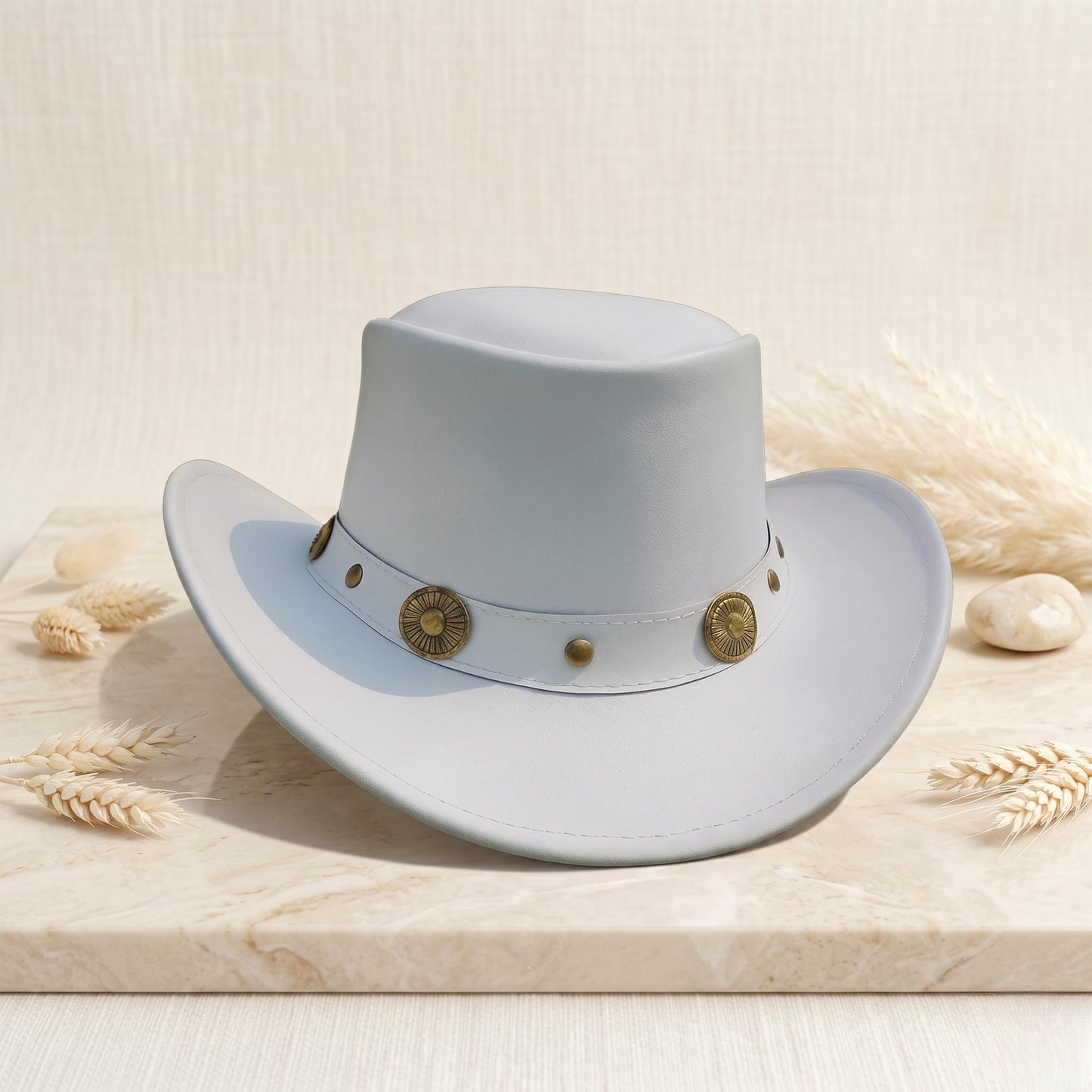 White Leather Cowboy Hat with Vintage Concho Band – Festival & Western Fashion Headwear