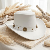 White Leather Cowboy Hat with Vintage Concho Band – Festival & Western Fashion Headwear